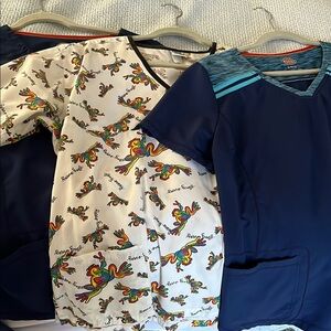 Colorful Frog Print Large SCRUB tops, and 2 blue tops,  with front pockets